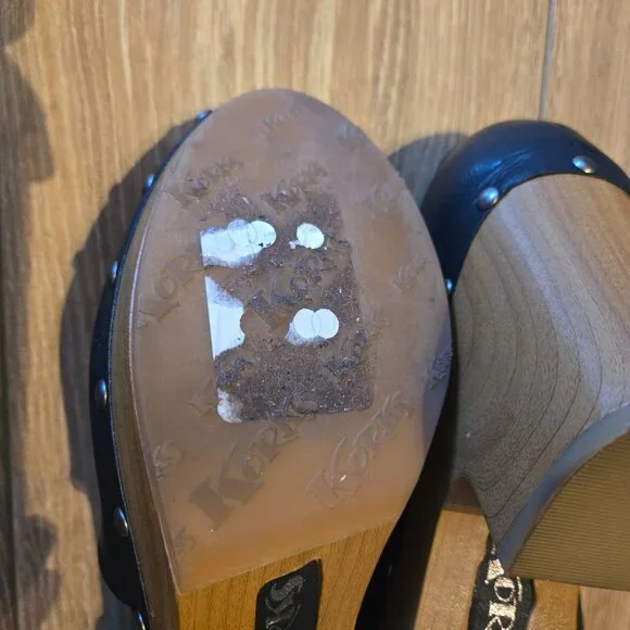 Kork-Ease Black Leather Slip-On Clogs with Tan Wood Heel - Picture 11 of 12